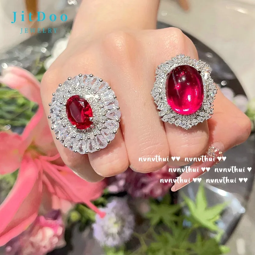 

JitDoo Gorgeous Ladies Dazzling Ruby Red Zirconia Vintage Engagement Rings for Women Geometric Crystal Wedding Band Jewelry Gift