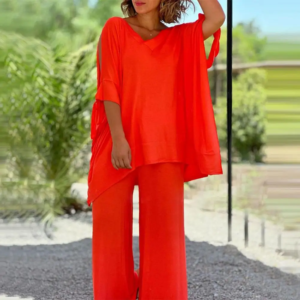

Solid Color Office Lady Outfit Mid-length Tops Long Pants Set Stylish 2pcs/set V-neck Lace-up T-shirt High Waist Wide Leg Pants