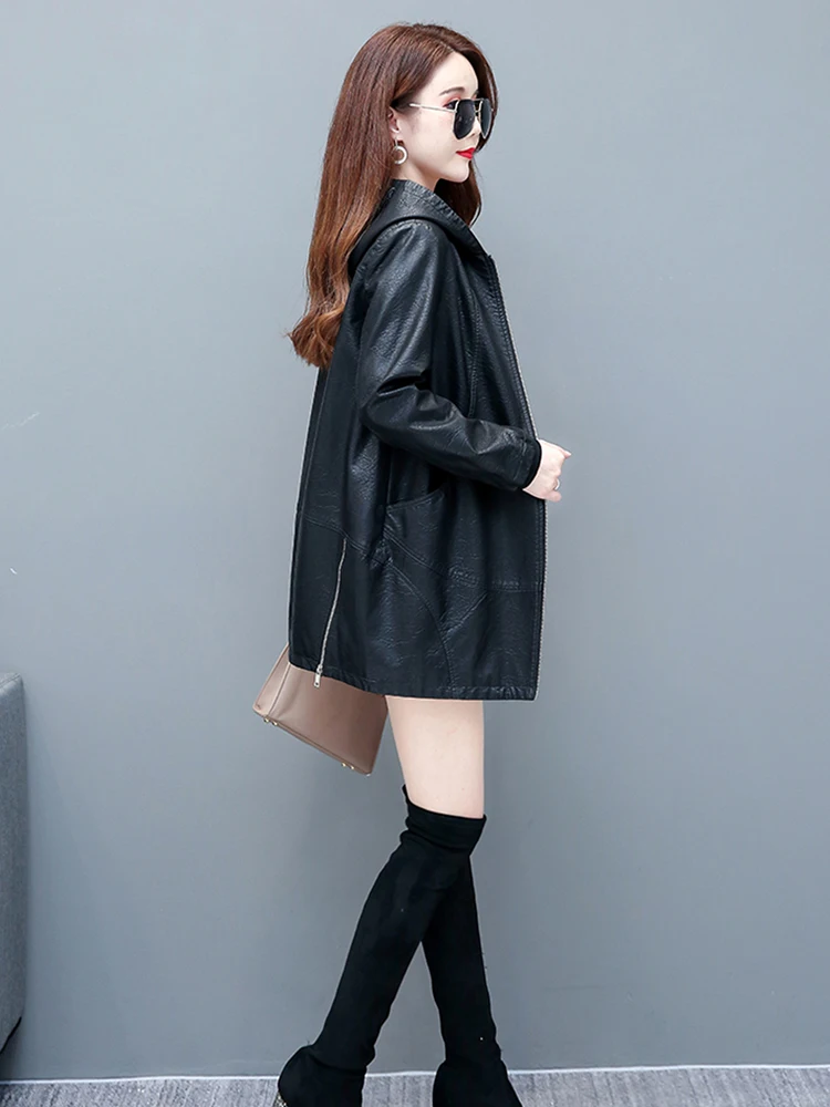 New Women Casual Hooded Leather Jacket Spring Autumn Fashion Loose Black Sheepskin Coat Medium Long Outerwear Split Leather