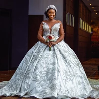 african ball gown wedding dresses sheer long sleeve lace applique vintage bridal gowns flowers beaded customise vestido de novia