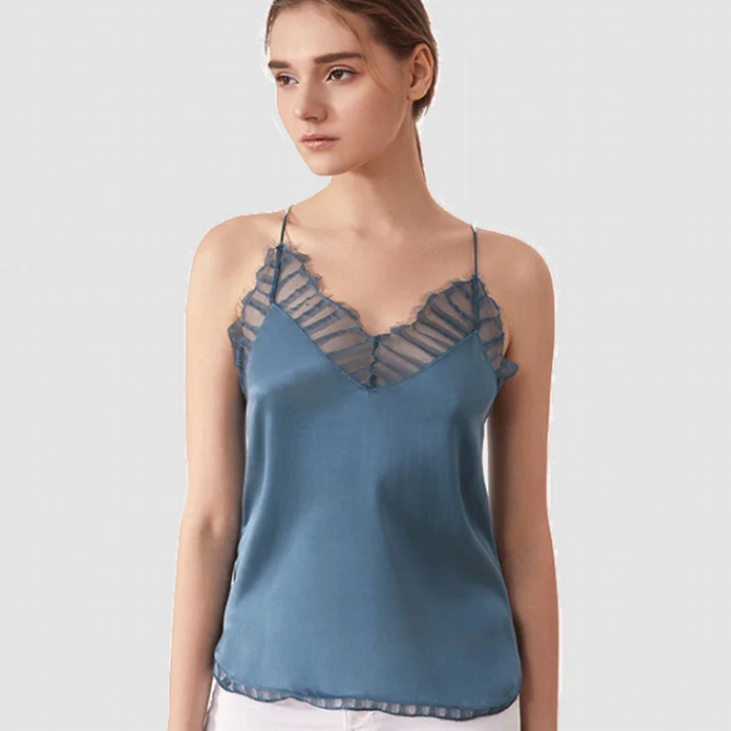 19mm 100% Silk Camis Tank Short Vest Women High Quality Summer Loose Tops Sky Blue Women Hot Selling