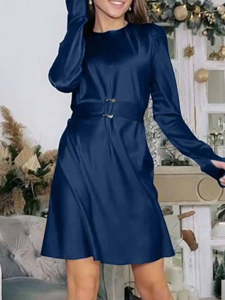 

2022 Summer ZANZEA Knee Length Dresses Fashion Women Satin Dress Casual Solid Loose O-neck Back Zip Up Oversize Party Sundress 1