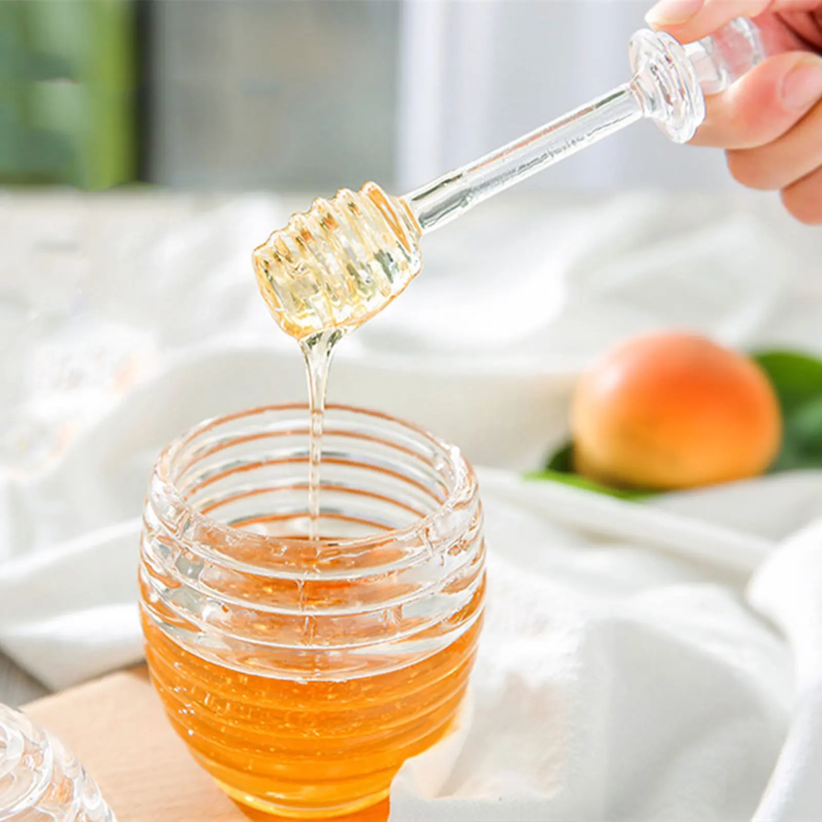 

Glass Honey Jar And Dipper Set 9oz Beehive Honey Pot With Lid Syrup Container Heat-Resistant Syrup Dispenser For Jelly Pie 9oz