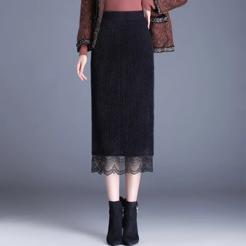 

Knitted Woolen Yarn Spliced Lace Bodycon Skirt for Women 2022 Autumn Winter Elegant Vintage Slim Casual Long Pencil Skirts 8371