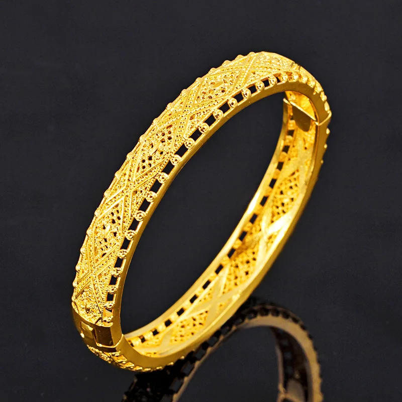 

24k Real Gold Color Hollow Women's Bracelet Color-fastening Bohemian Style Yellow Gold Link Chain Bracelets Wedding Jewelry Gift