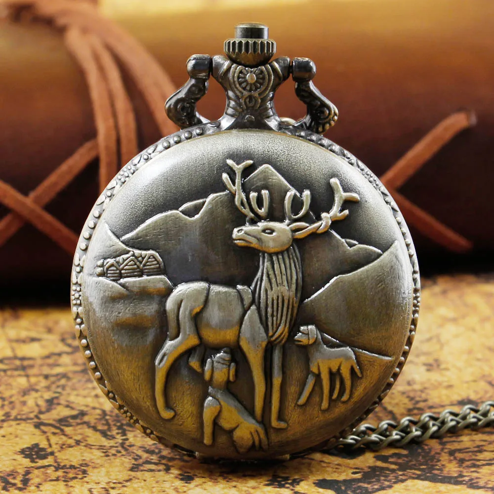 

Personalized Elk Carving Quartz Movement Chain Watch Mens Women Casual Vintage Pocket Watches Practical Gift With Chain