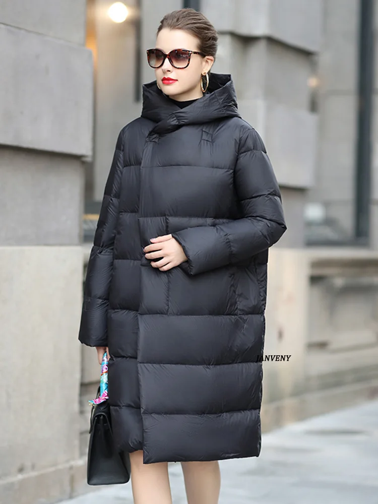 

2022 Winter Fashion Luxury Hooded Over The Knee Down Jacket Women Warm Thick Casual Oversized Bat Sleeve Windproof Puffer Parka