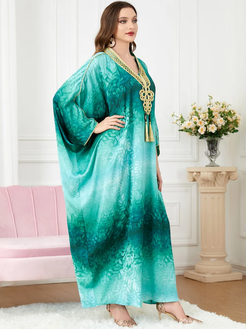 Tassel Kaftan Long Dress Women Batwing Embroidery Appliques Printed Moroccan Kaftan Muslim Party Dresses Eid Ramadan Dubai Abaya