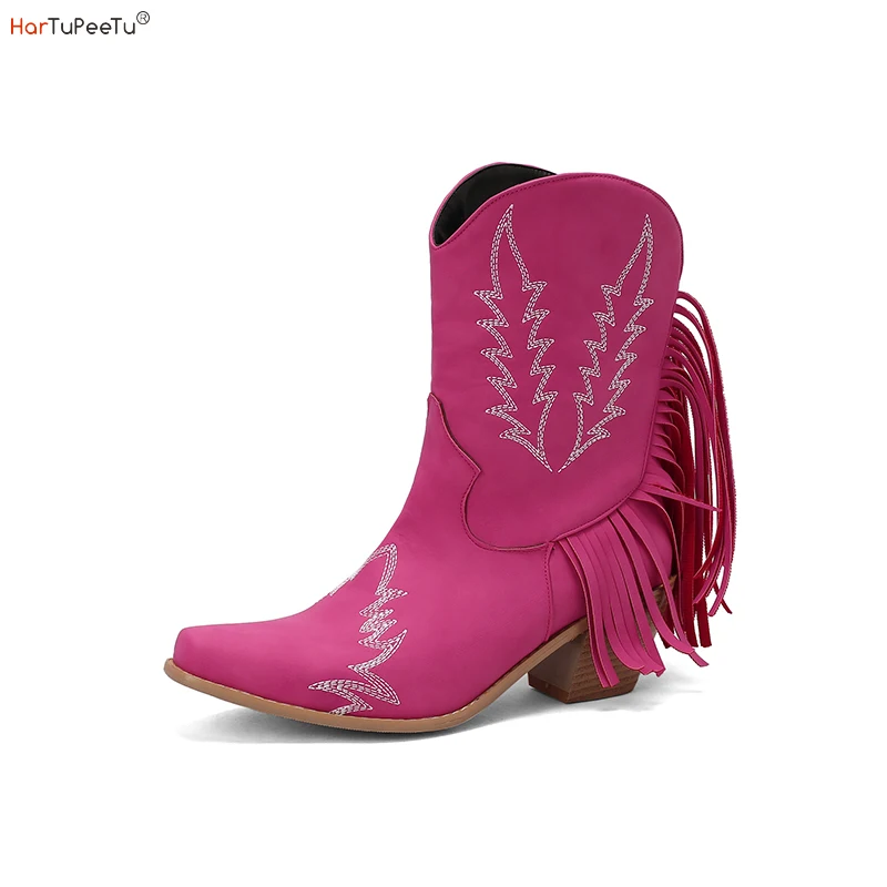 Western Boots Women Cowgirl Ankle Leather Black Red Rose Red Short Booties Fringe Decorate Embroidery Autumn Winter Warm Shoes