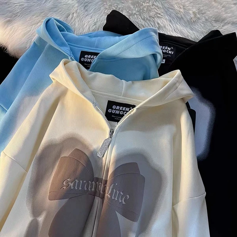 

Kpop Kawaii Bowknot Foam Printed Hoodie Autumn Harajuku Y2K Fashion Women's Zipper Long Sleeve Sweatshirt