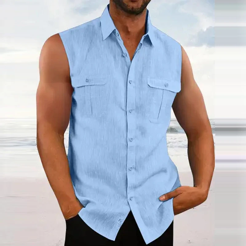 

Summer Buttoned Lapel Sleeveless Camisole Vest Solid Men's Leisure Tops Cotton Tank Fashion Linen Shirt Casual 2023 Color Spring