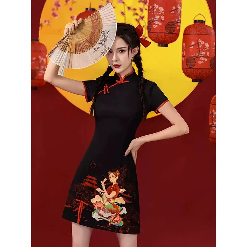Фото Традиционное китайское улучшенное платье Cheongsam, женское модное короткое Ципао для молодых девушек, Guochao, современное 2024, ветер NM33 №3
