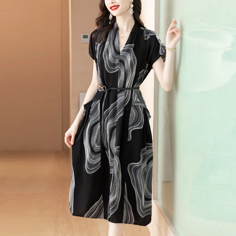 

Женское платье с V-образным вырезом, черное шелковое платье с принтом, свободная однотонная облегающая длинная юбка выше колена с большой талией, весна-лето 2023