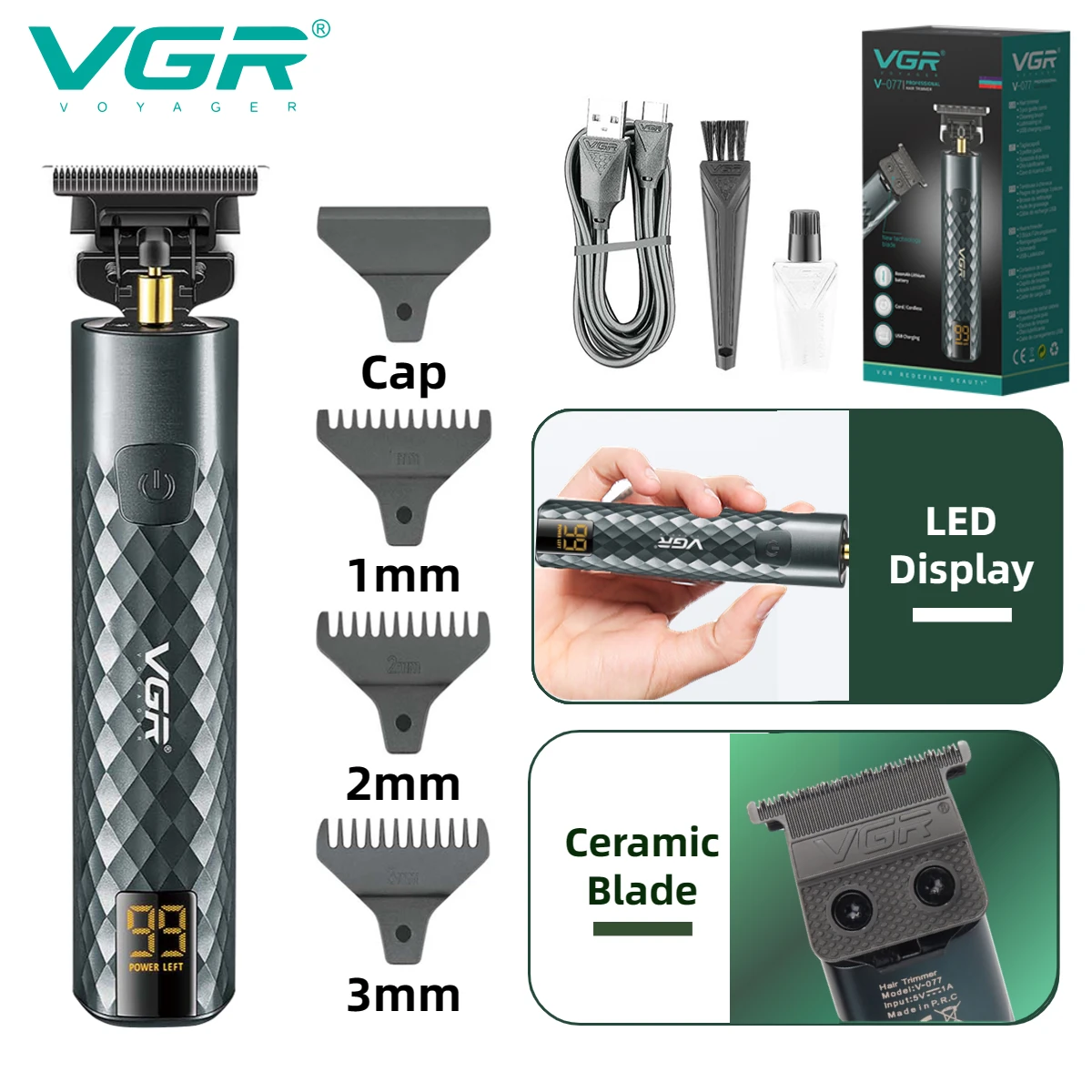 

VGR Hair Trimmer Professional Hair Clipper Metal Hair Cutting Machine Rechargeable Electric Zero Cutting Machine for Men V-077