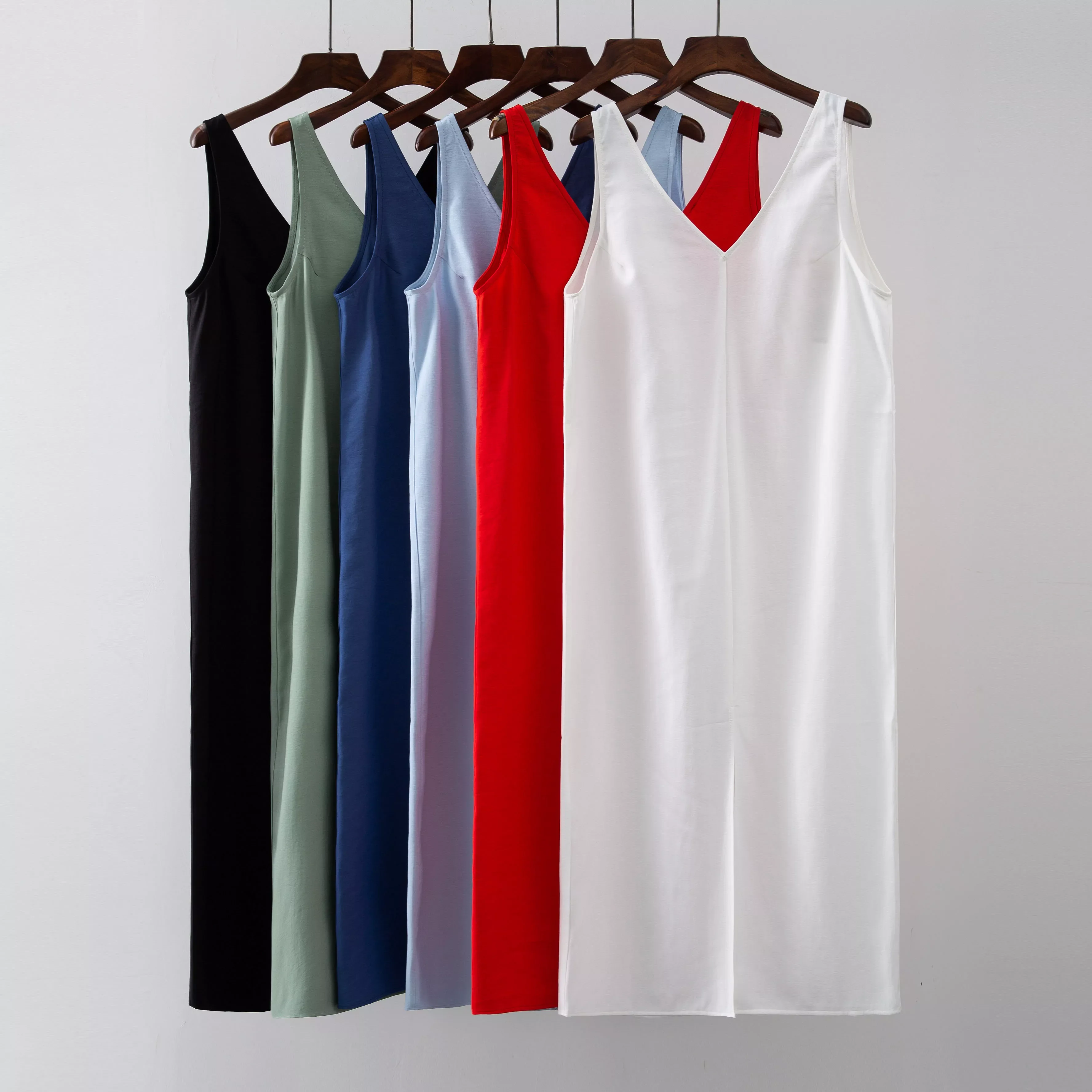 

Summer Women Solid White V Neck Sleeveless Fashion Dress Split Tank Dress