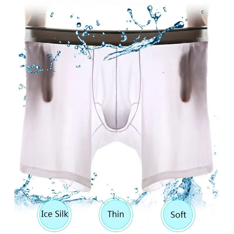 Ice Silk Fitness Long Boxer Shorts Underwear Men Sporty Sexy Underpants Penis Bag Pouch Stretch Boxers Sportswear Male Panties