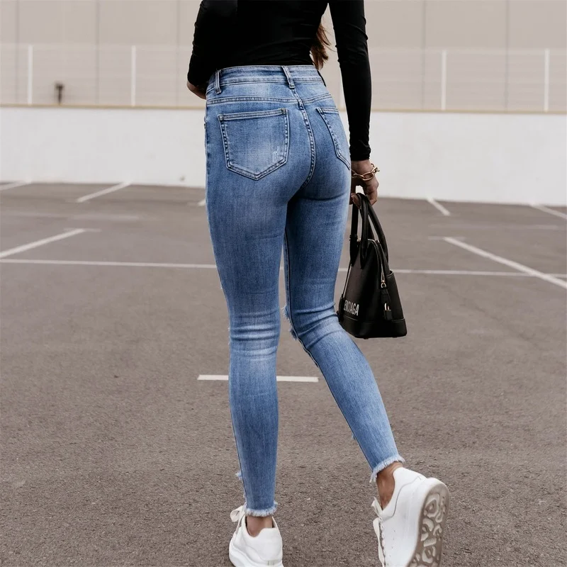 Women High Waist Pocket Elastic Denim Pants 2021 Spring Slim All-match Vintage Jeans Classic Ripped Hole Button Trousers Popular