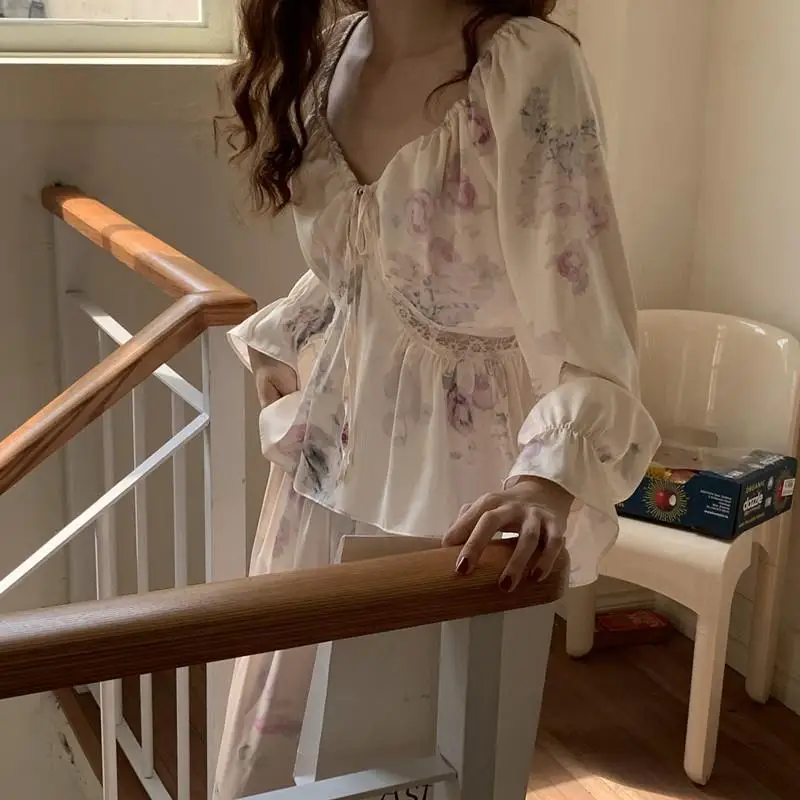 2PCS Sleepwear Set Spring Autumn Pajamas Long Sleeve Trouser Pijamas Suit Print Flower Silk Satin Home Clothes Loose Loungewear