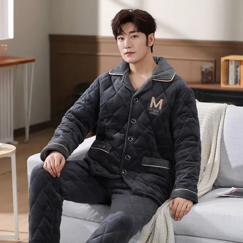 

Пижама, удобная Фланелевая пижама, клетчатая 3-слойная Пижама, стеганая Пижама, повседневный утепленный мужской зимний комплект, Мужская теплая Пижама на пуговицах