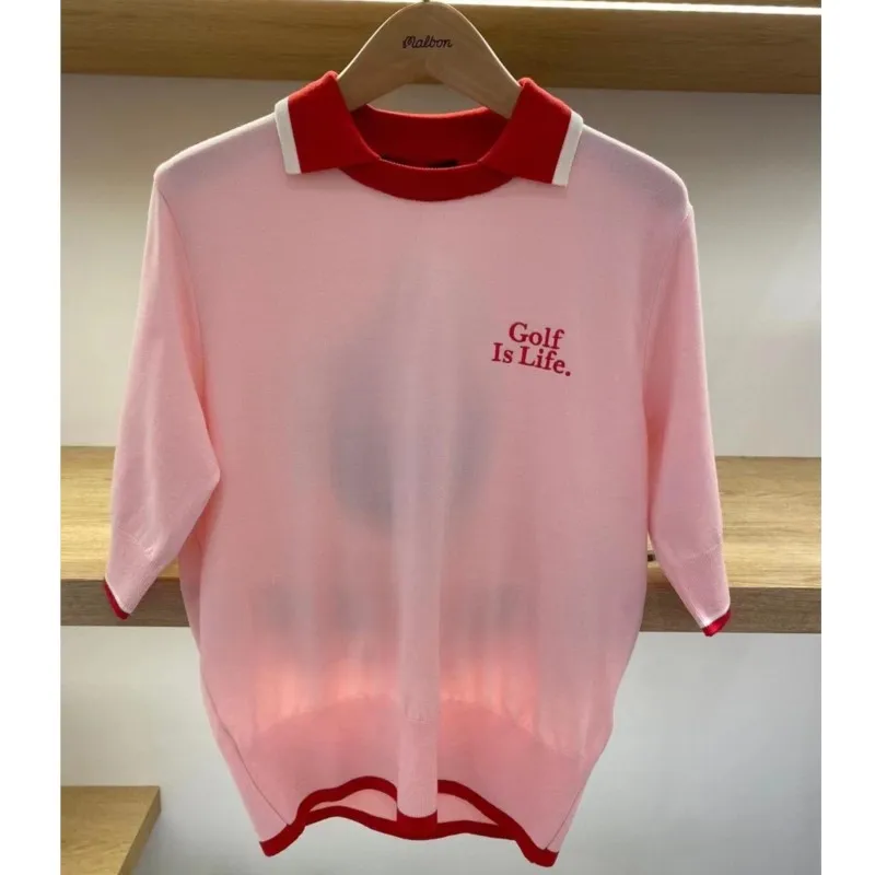 Women Golf Knitted Top Pullover Puff Sleeve Casual Sweater Blouse Shirt