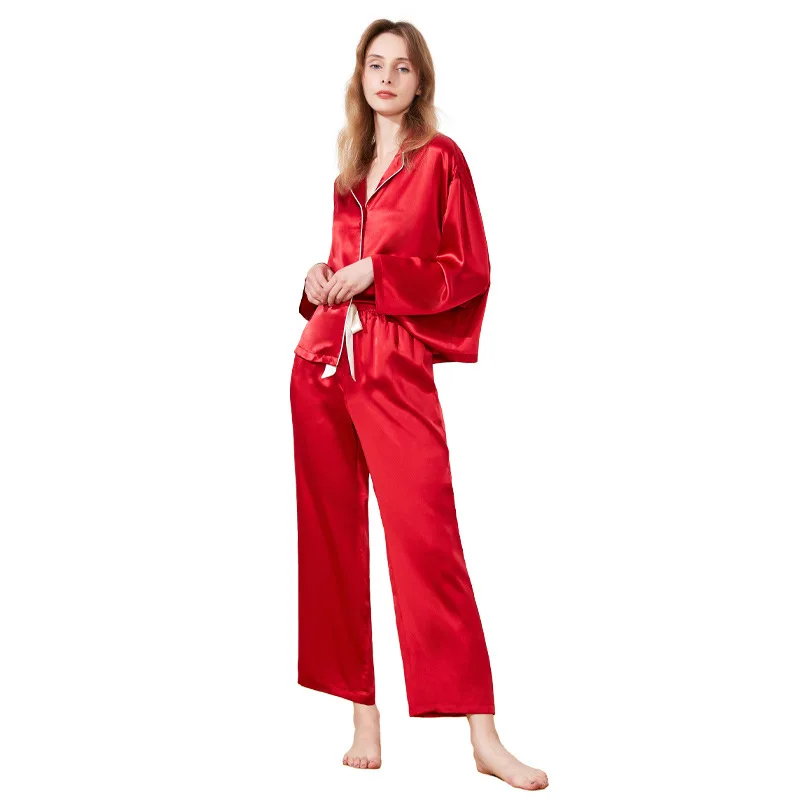 2023 NEW Summer 19mm 100%Silk Pajamas Set Women Silk Homewear Cardigan Sleepwear Red Blue High Quality Clothing