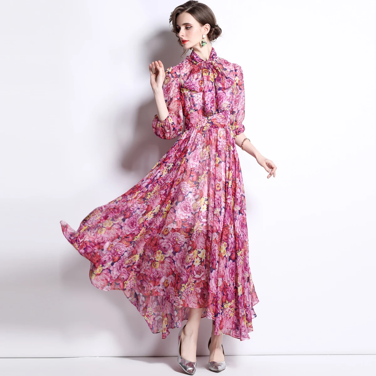 

JSXDHK Design Elegant Spring Holiday Beach Maxi Dress Women Bowknot Collar Flower Print Chiffon High Waist Long Vestidos Robe