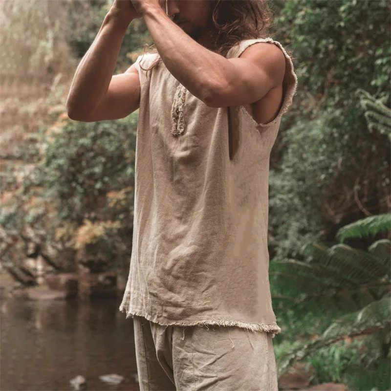 

New Style Summer Men's Vintage Vest Top Solid Color Breathable Round Neck T-shirt Retro Male Tank Tops Outdoor Vest Clothing