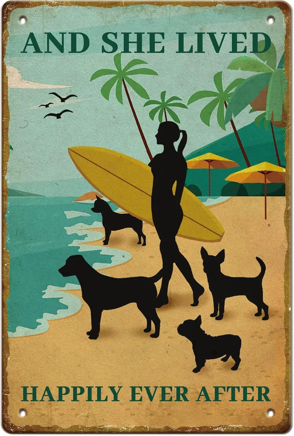 Оловянная вывеска SUPERDANT Surfing Girl 4 Dogs Beach винтажные металлические жестяные вывески