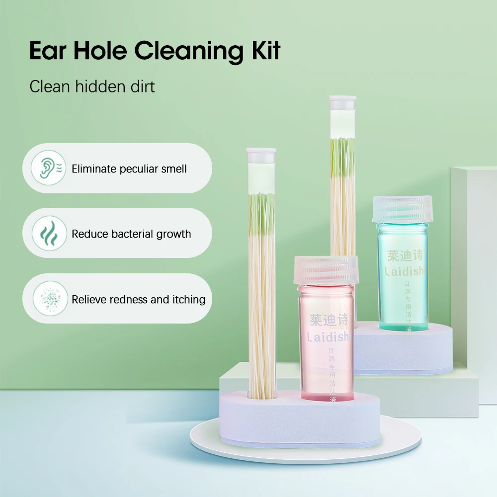 

60Pcs Pierced Ear Cleaning Set Herbal Fresh Mint Solution Dental Floss Ear Hole Aftercare Tool Kit Earrings Hole Cleaner 15ml