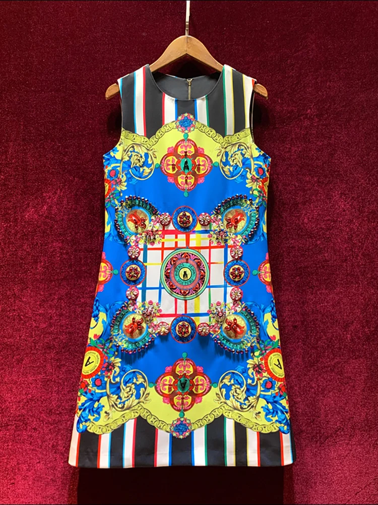 

Svoryxiu Fashion women vintage Summer Mini Dress O-Neck Sleeveless Diamonds Beading Floral Print Loose waist Party Dress