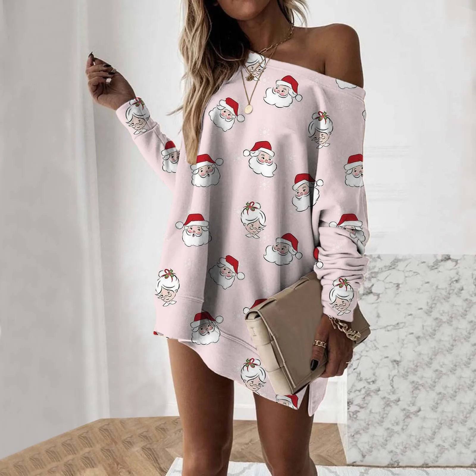 

Women's Fashion Dress Crop Sexy Elegant Dress Christmas Print Long Sleeve Casual Loose O-neck Sweatshirt Mini Dress Deep V