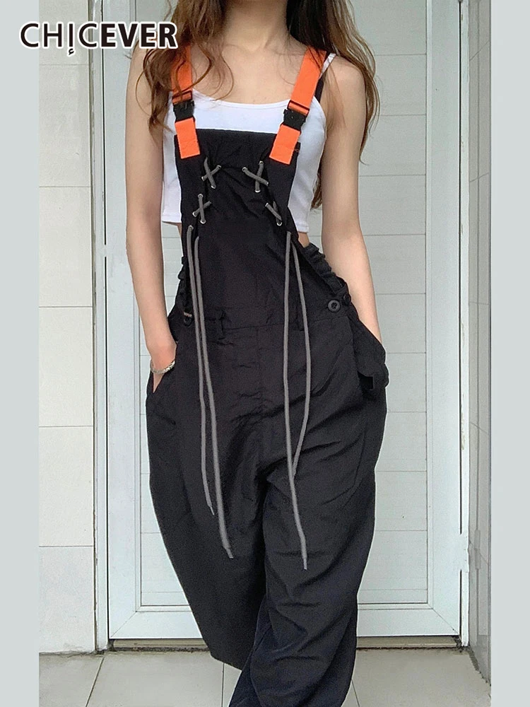 

CHICEVER Streetwear Loose Jumpsuits For Women Sleeveless Patchwork Bandage High Waist Wide Leg Jumpsuit Female 2022 Clothing New