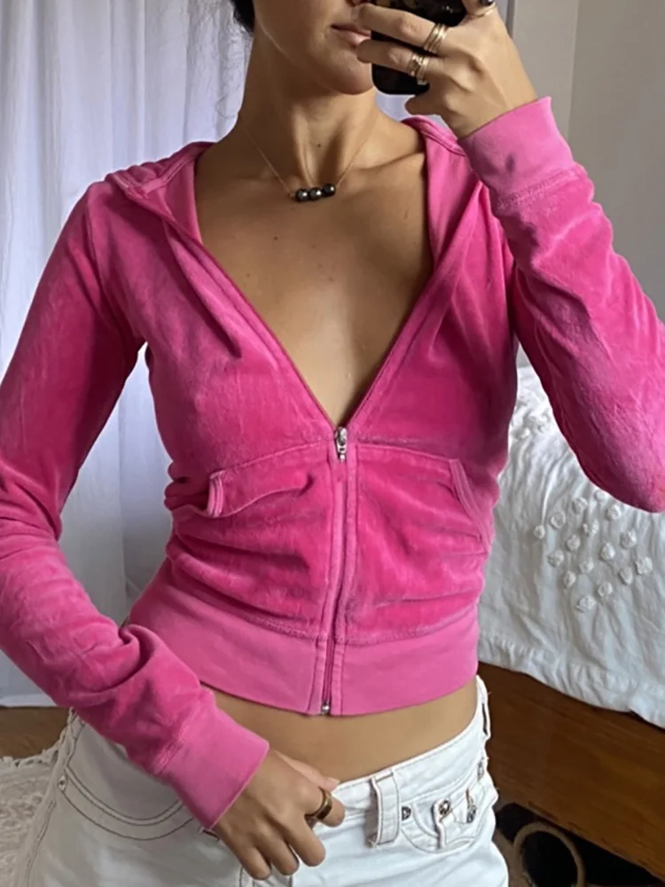 ALLNeon 2000s Aesthetics Pink Velour Sets Slim Y2K Streetwear Zip Up Hoodie and Drawstring Low Waist Pants Co-ord Suits Women images - 6