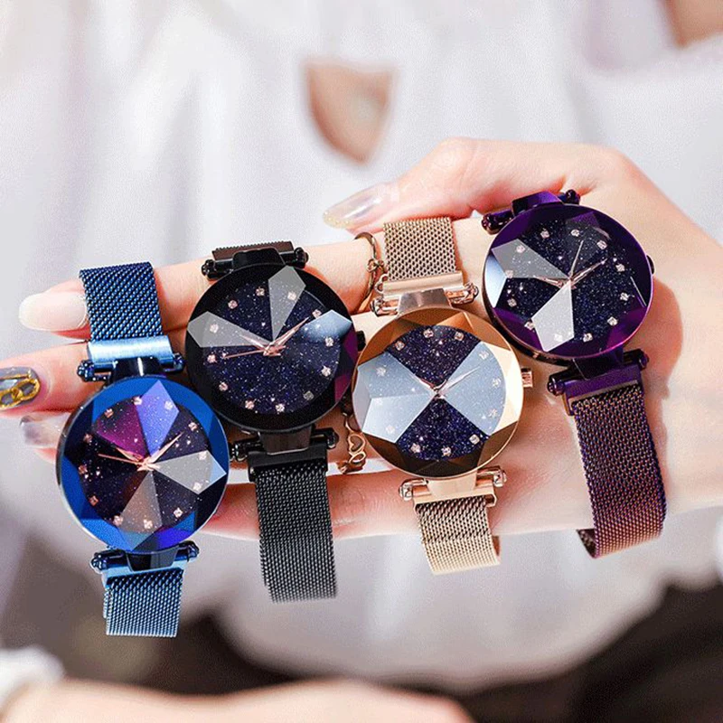 

Часы наручные женские кварцевые с сетчатым браслетом, люксовые брендовые, со стразами, с магнитной застежкой, с изображением звездного неба