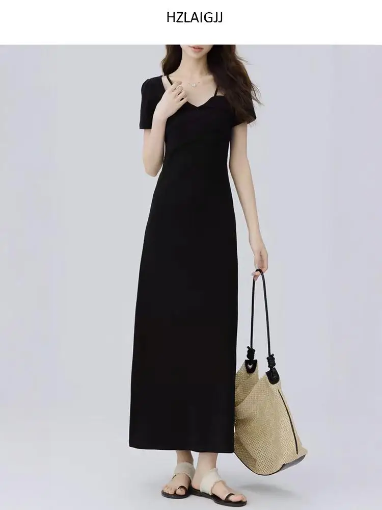 Новинка лета 2024 черное приталенное платье во французском стиле ретро