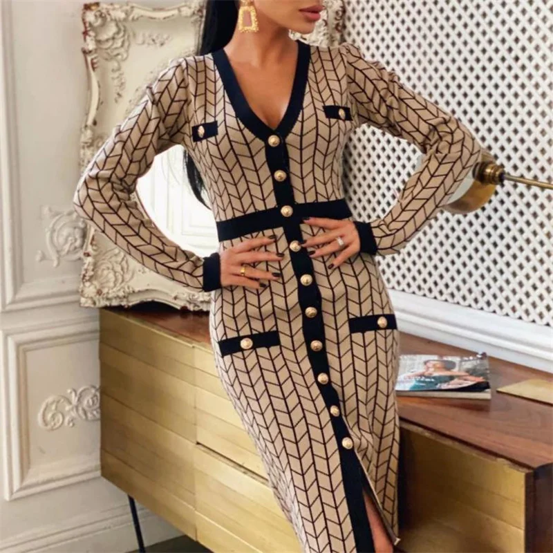 

V-Neck Fashion Check Knit Dress Slim Fit Long Sleeve Single Breasted Dress