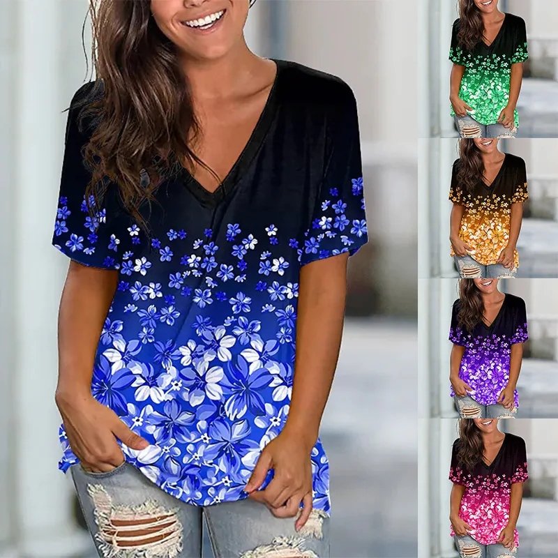 

2022 Women's Floral Theme 3D Printed Painting T Shirt Casua Floral 3D Print V Neck Basic Tee Summer Fashion Plus Size Tops New