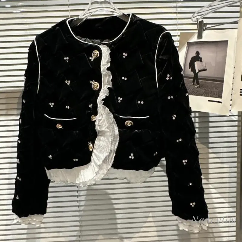 2022 Winter Chic Warm Short Coat for Women New Classic Style Rhinestone Beaded Ruffle Velvet Cotton-Padded Clothes Parka Cropped