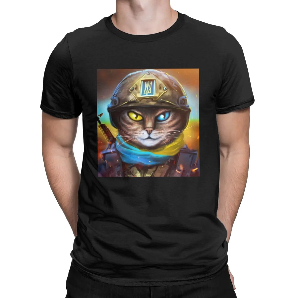 

Cat Ukrainian Soldier UKRAINE Men's clothing Pure Cotton Awesome T-Shirts for men O Neck Tee Shirt Short Sleeve Clothes Party