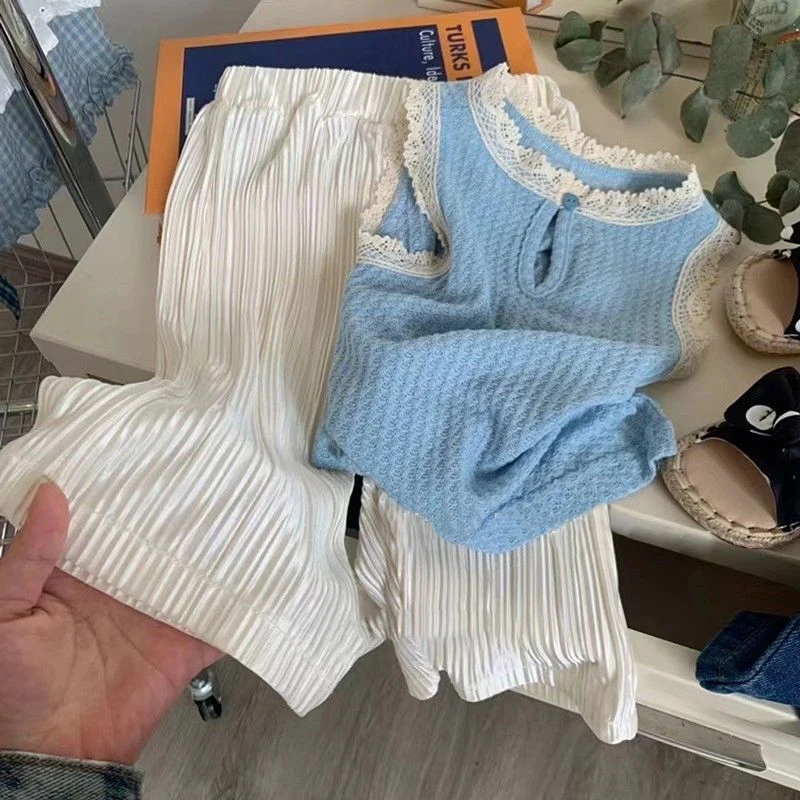 

Детская одежда Новинка вязаный жилет без рукавов для девочек повседневные Костюмы в западном стиле брюки с широкими штанинами жилет топы б...