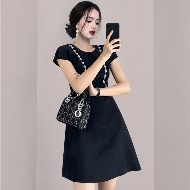 

JSXDHK Fashion Designer Summer Black Party Dress 2022 New Luxury Women O Neck Diamonds Short Sleeve Slim Waist Mini Vestidos