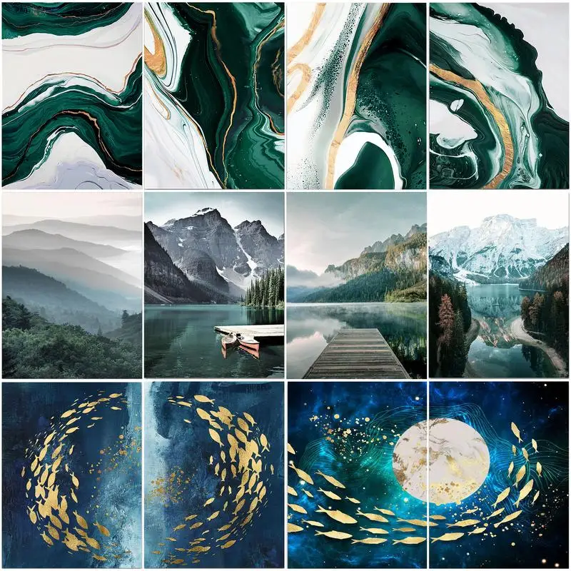 

CHENISTORY Interior Painting By Numbers Blackish Green Color Landscape Handpainted Pictures By Numbers Painting Wall Art