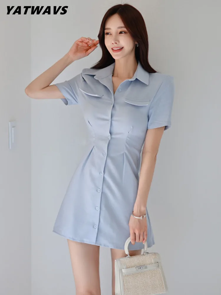 

Шикарное однобортное женское платье-рубашка, летнее модное облегающее женское платье-рубашка с коротким рукавом и отложным воротником, про...