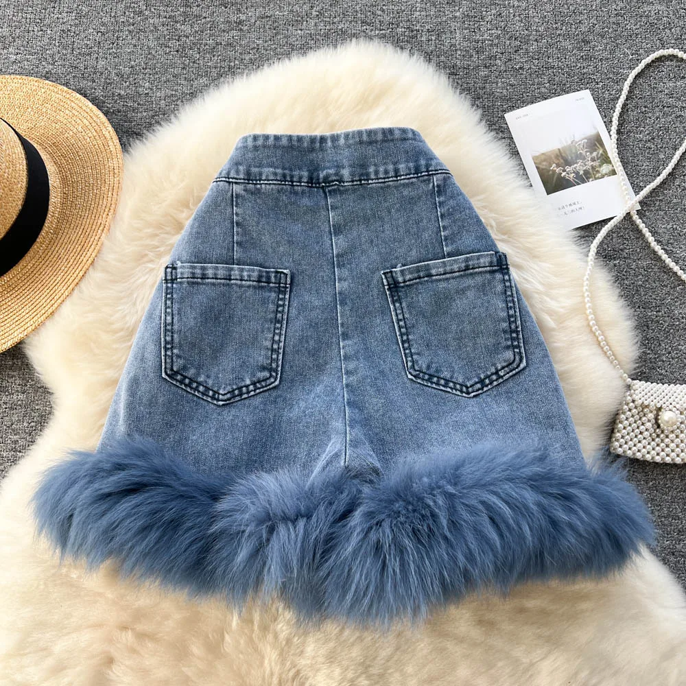 Fashion Women Shorts High Waist Denim Lace Up Faux Feather Half Pants 2023 Spring Summer New Female Sexy Clucwear Trousers шорты