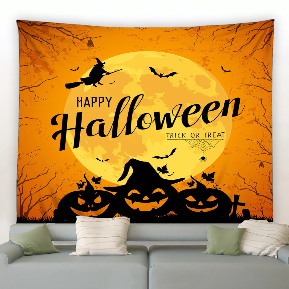

Мультяшный гобелен на Хэллоуин смешная Тыква Ведьма летучая мышь ветка паук осенние кленовые листья оранжевый настенный Декор для дома гос...