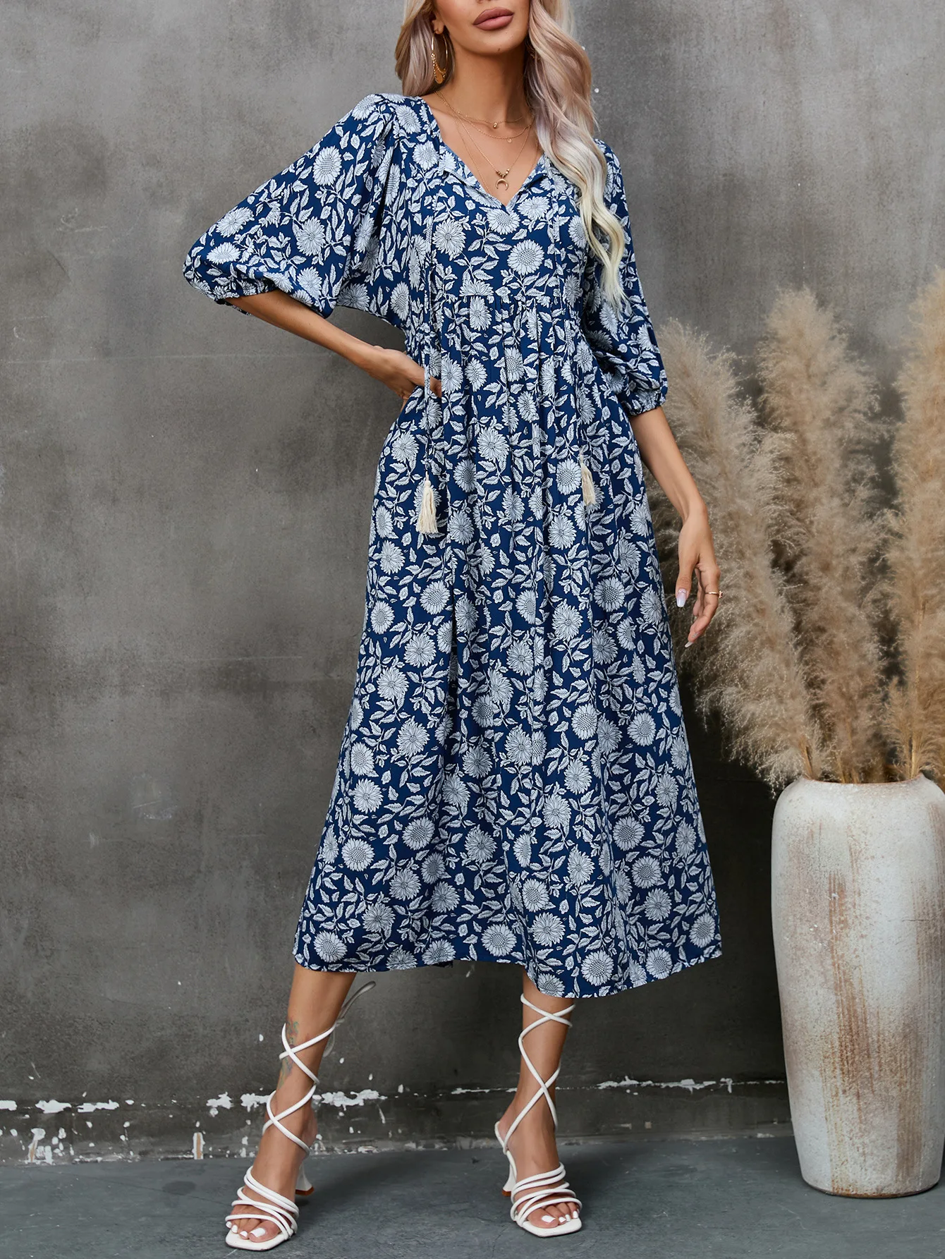 

Summer Women Clothing 2023 New Arrivals Pullover Printed Cotton Beach Bohemian High Waist V-neck A-line Half-sleeved Dress