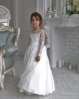 white lace flower girls dress with long sleeve formal wedding party dresses sash belt open back toddler kid first communion gown