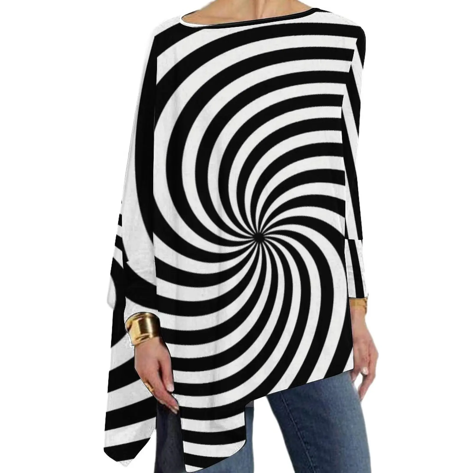 

Black And White Line T-Shirt Pop Art Spiral Trendy Long Sleeve T-Shirts Ladies Streetwear Tee Shirt Oversized Pattern Tees