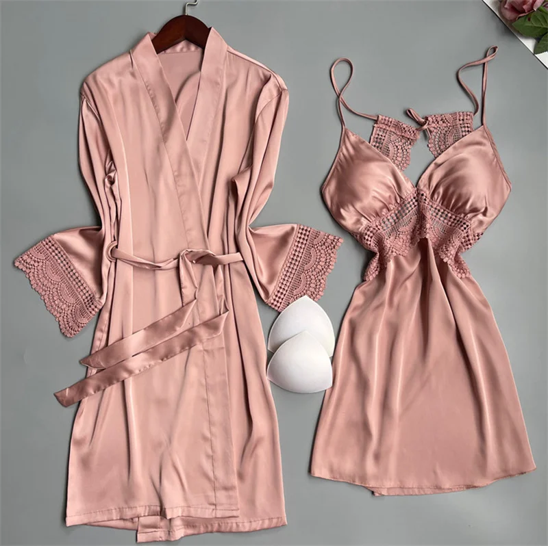 

Пикантная Женская одежда для сна, кимоно, халат, ночная рубашка, розовый свадебный костюм, комплект из двух предметов, кружевная ночнушка в стиле пэчворк, шелковая атласная домашняя одежда