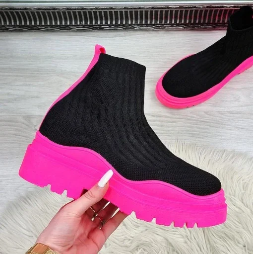 Women Ankle Boots Knitted Sock Platform Female Slip-on Ladies Casual Comfortable Concise Fashion 2023 New Studens Short Boots
